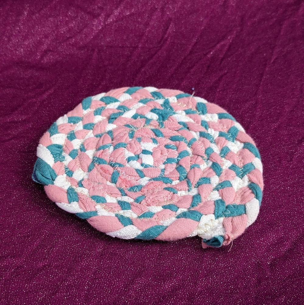 Upcycled fabric coaster-pink, white, aqua